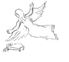 Ein Engel fliegt über einem Bett